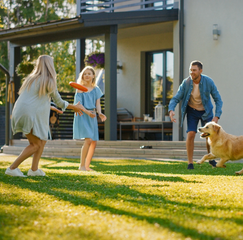 family playing frisbee outside