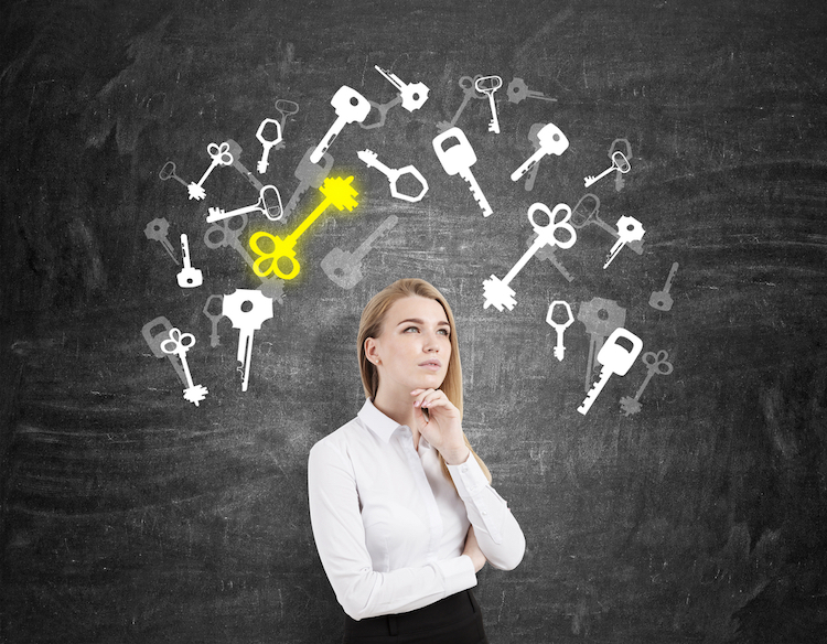 thoughtful businesswoman standing in front of blackboard